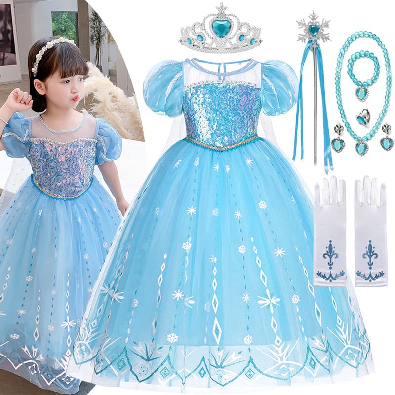 Meninas Disney Elsa Princesa Bolha Manga Vestido Neve Rainha Cosplay Traje Crianças Vestidos De Festa De Aniversário Car