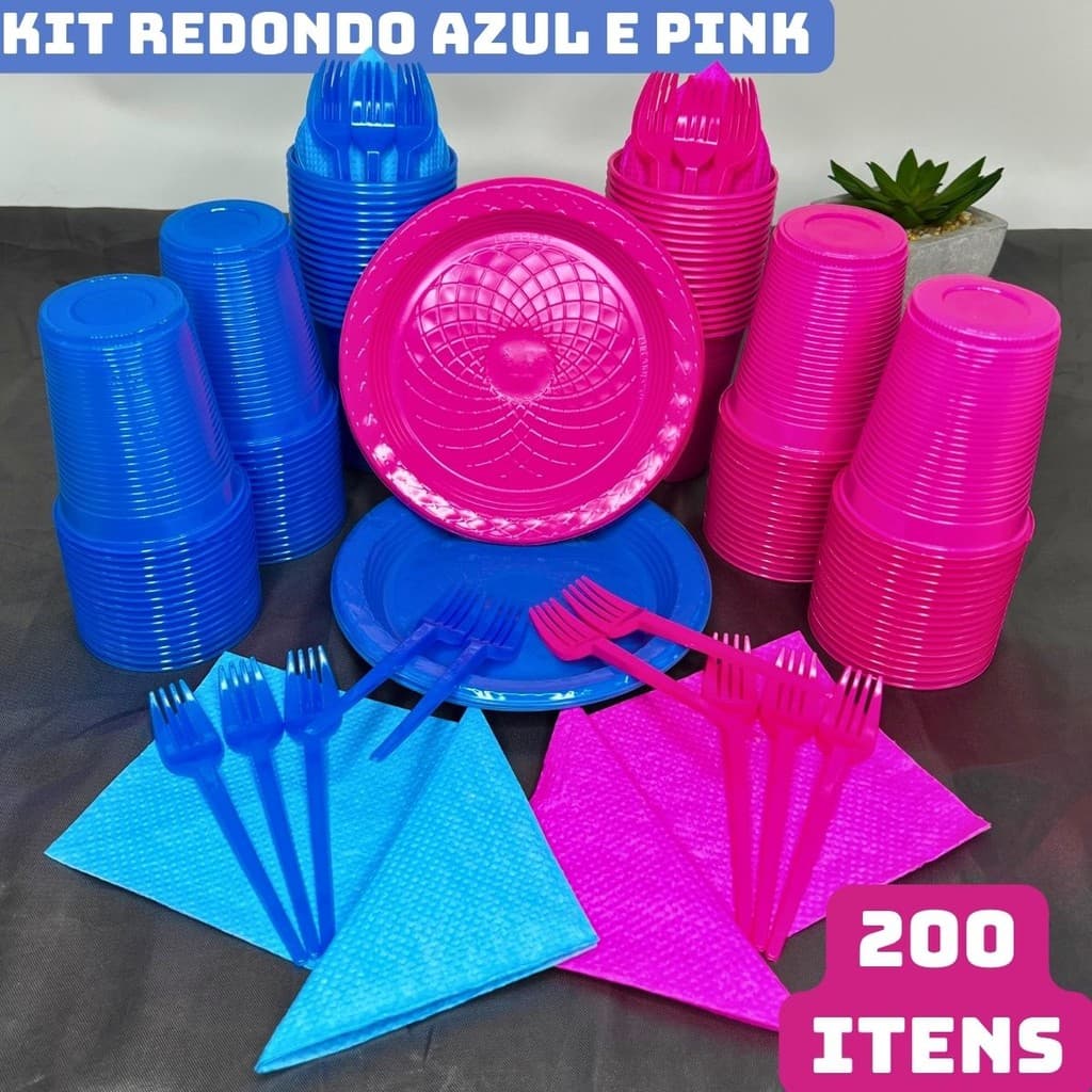 Kit 200 Itens Festa Aniversário Completo Descartável Pratinho Copo Garfo Guardanapo Azul Rosa Pink P/ 50 Pessoas