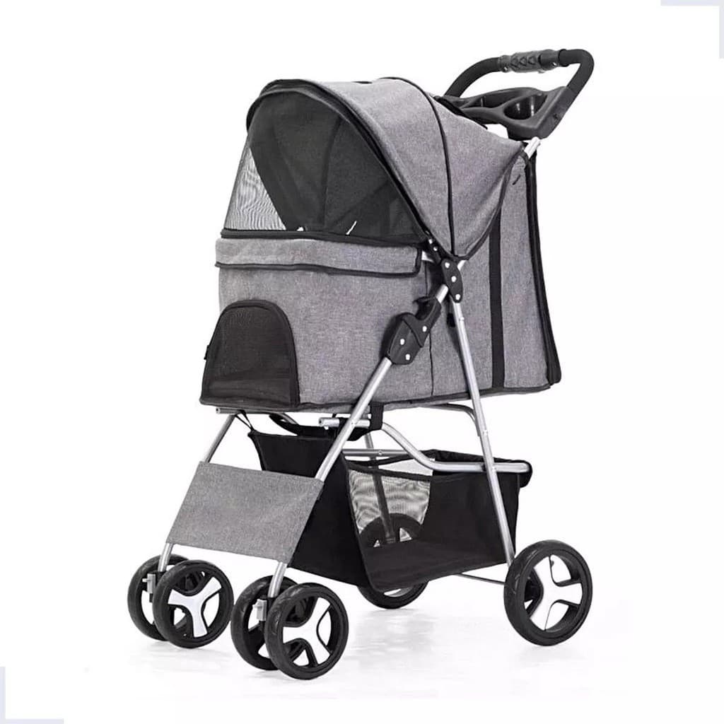 Carrinho de Transporte Pet Cinza Dobrável Passeio para Cães e Gatos