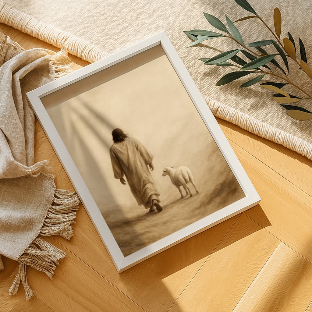 Quadro Decorativo Jesus Ovelha Cordeiro Caminho Cristão Fé Esperança Pastoreio Simbologia Religiosa