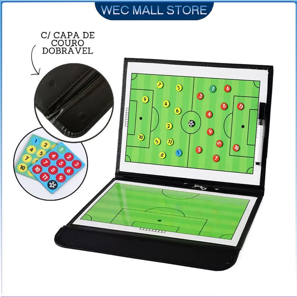 Prancheta Tatica de Futebol capa de couro dobrável técnico treinador imã portátil futebol 24x32cm