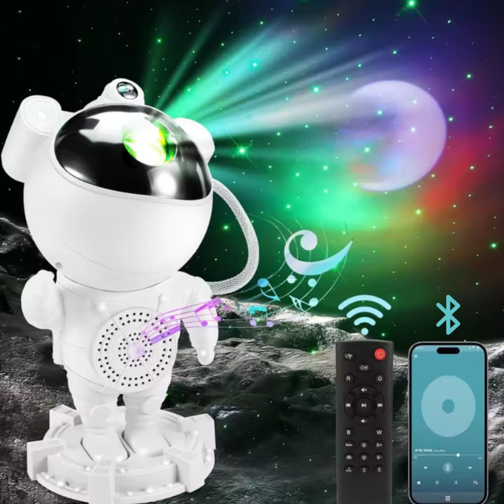 Luminária RGB Astronauta com Caixa de som Bluetooth com controle remoto e projeção de estrelas galáxia.