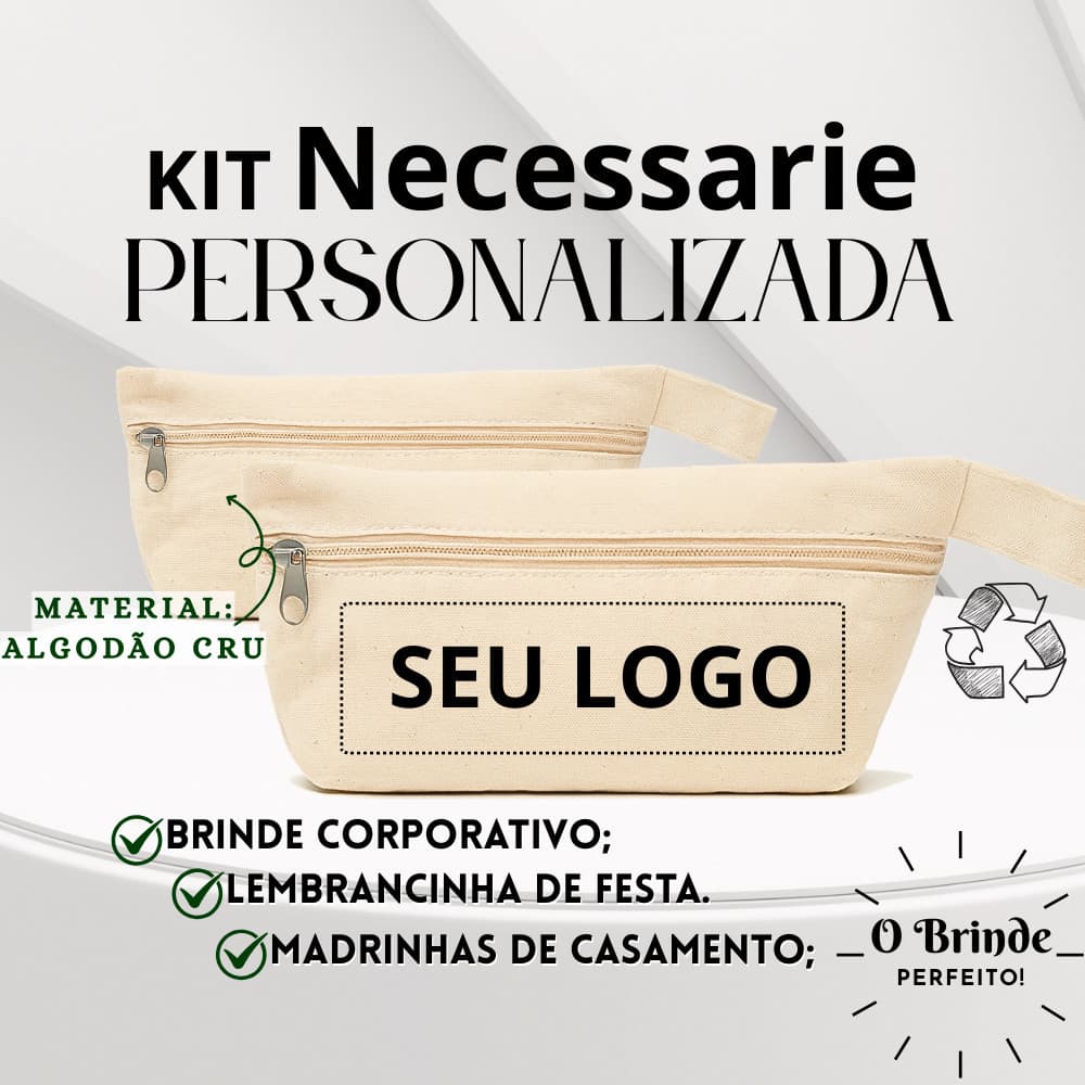 Kit Necessarie Personalizada Com Zíper Algodão Cru Nome Imagem Arte