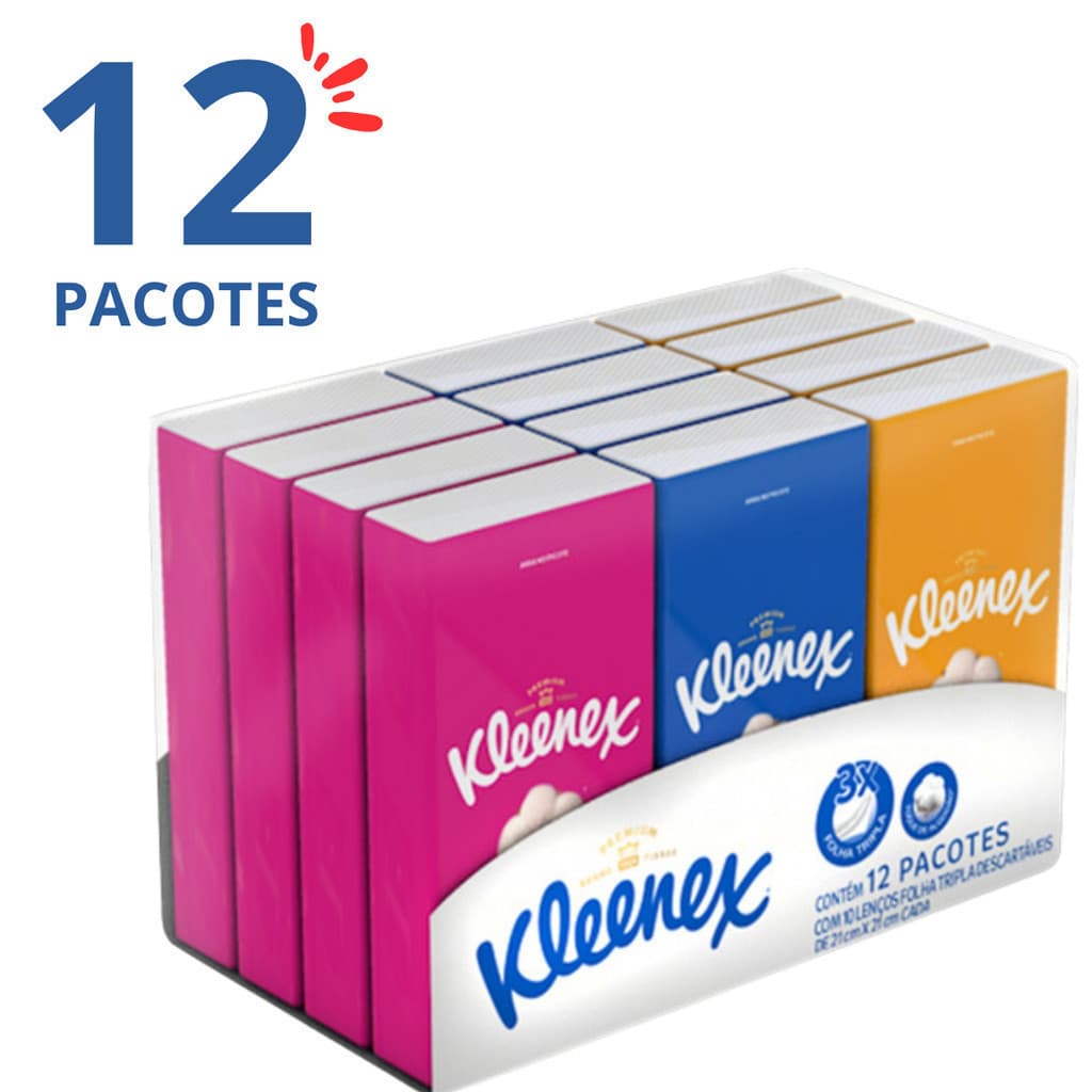 Lenço de Papel Triplo Kleenex Kit 12 Pacotes com 10 Unidades cada