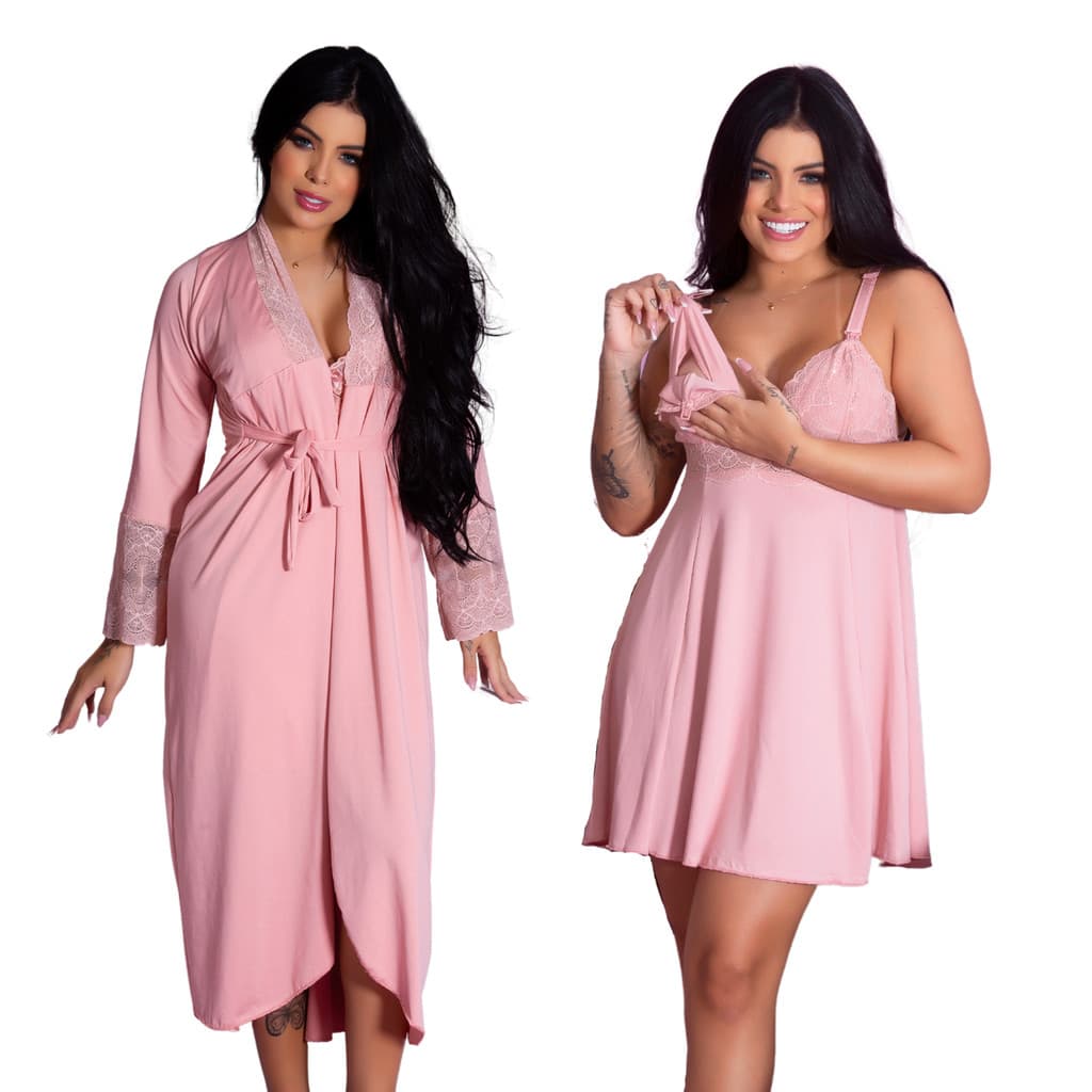 Kit Camisola Amamentação e Robe Roupão Longo Confortável Gestante Dormir Pós Parto Maternidade