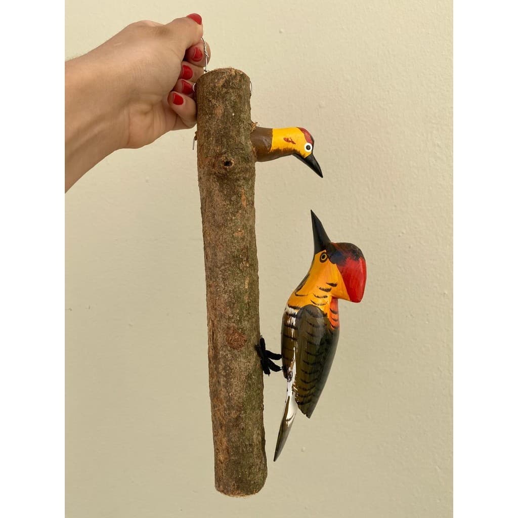 Pássaro Pica-Pau com Filhote Decoração em Madeira