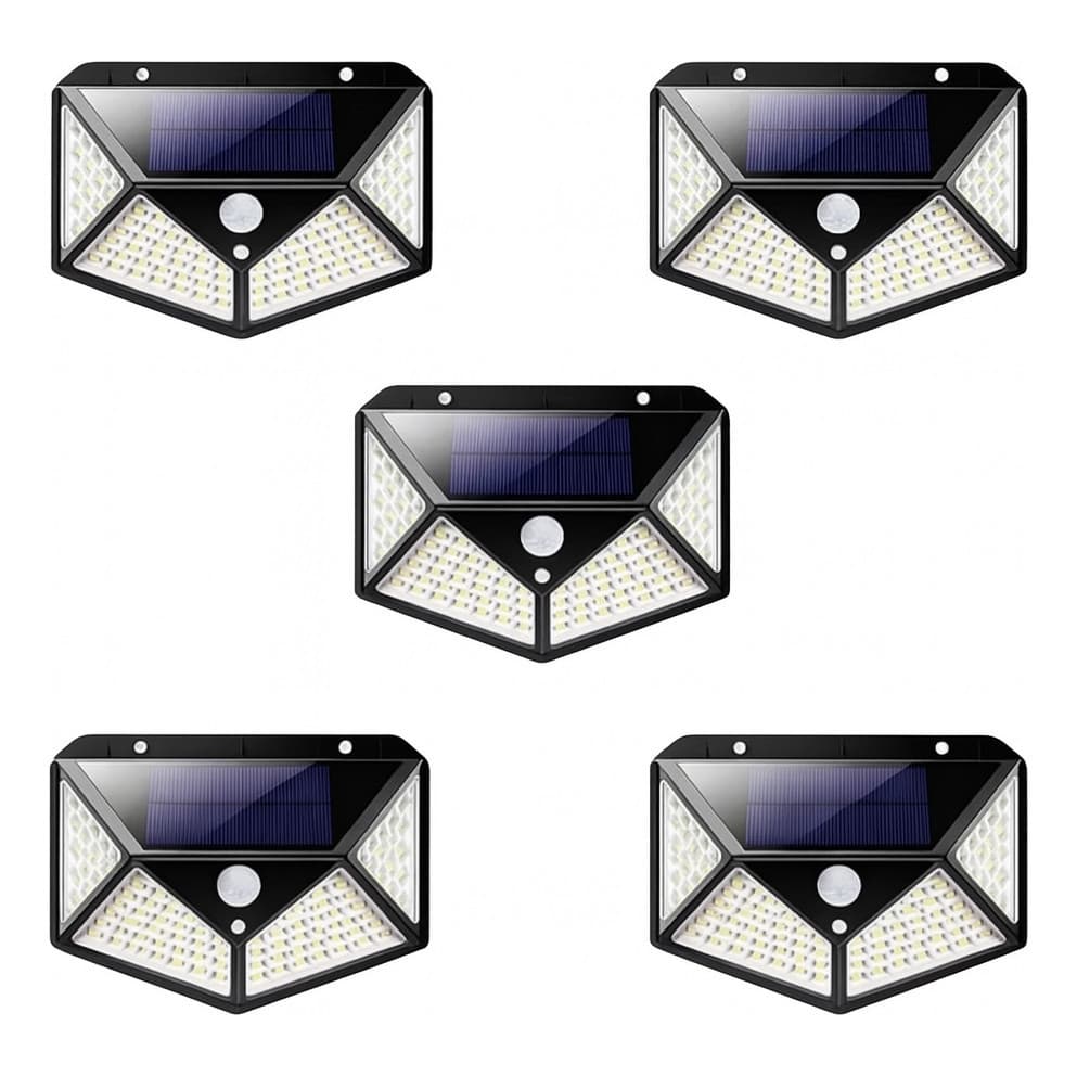 Kit 5 Refletor Solar 100 Leds C/ Placa Solar Parede Jardim