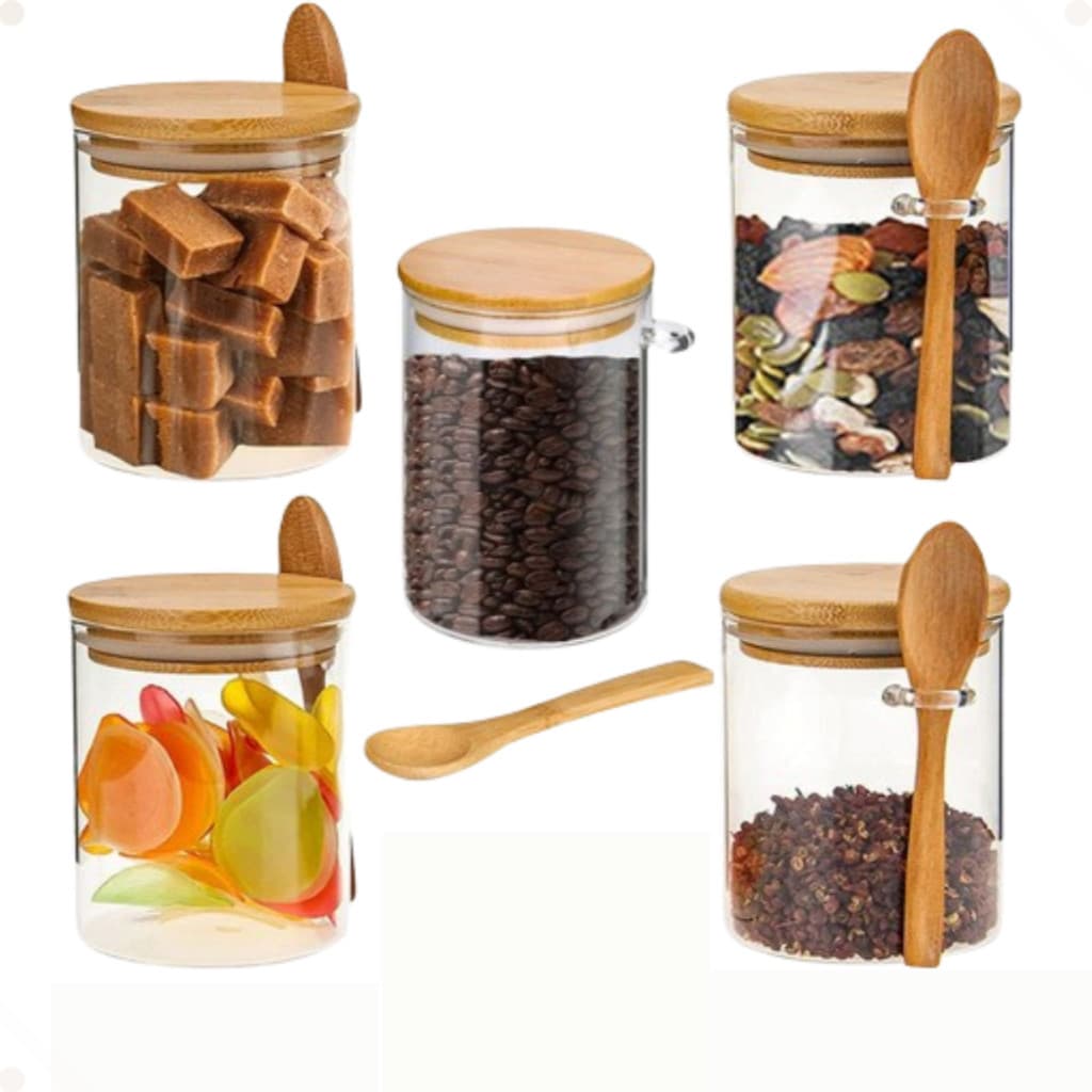 Kit 6 Potes Vidro 250ml Tampa Hermética De Bambu +6 Colher