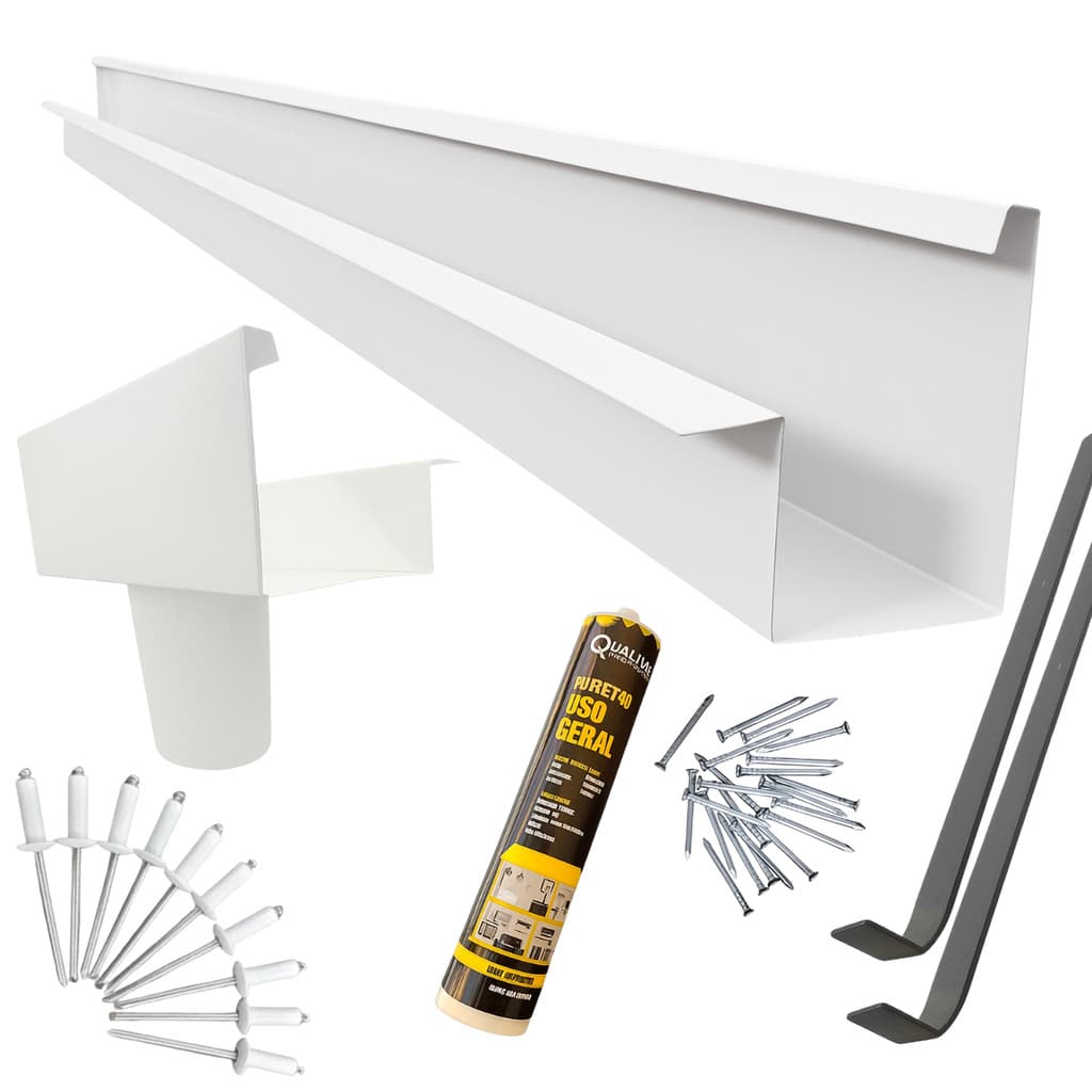 Calha U Branca P/ Pergolado/Telhado C/ Bico, Tampas, PU40, Rebites e Suportes - Metragem Sob Medida