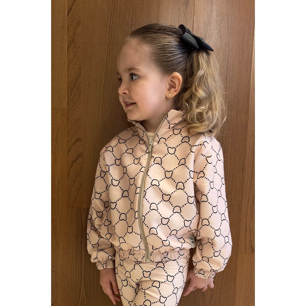 Jaqueta Infantil Corta Vento Bege Ursos Contorno Preto Manga Longa Zíper