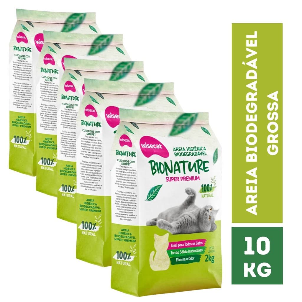Kit 5 Areia para Gato de Mandioca Wisecat Bionature Verde – Granulação Grossa | 10kg