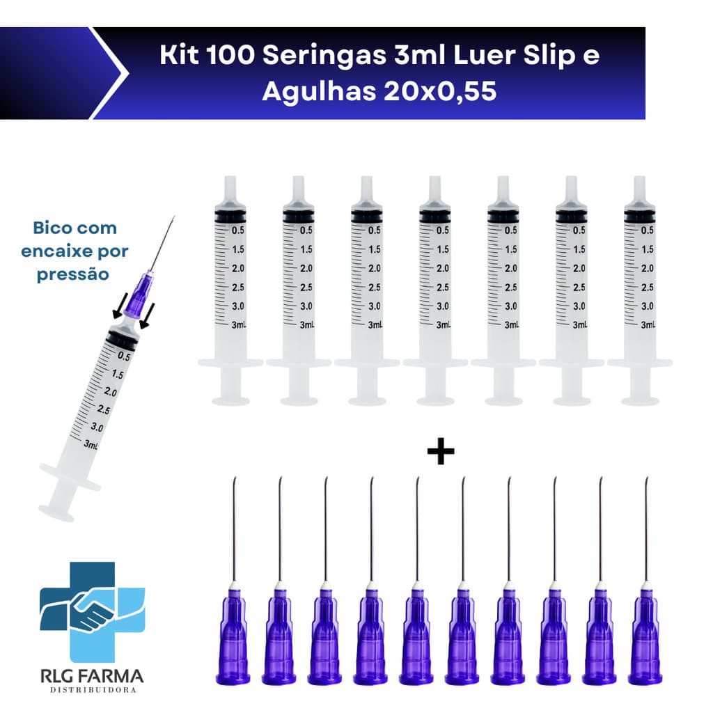 Seringas 3ml Bico Luer Slip Encaixe + Agulhas 20x0,55 Roxa Kit com 100 cada