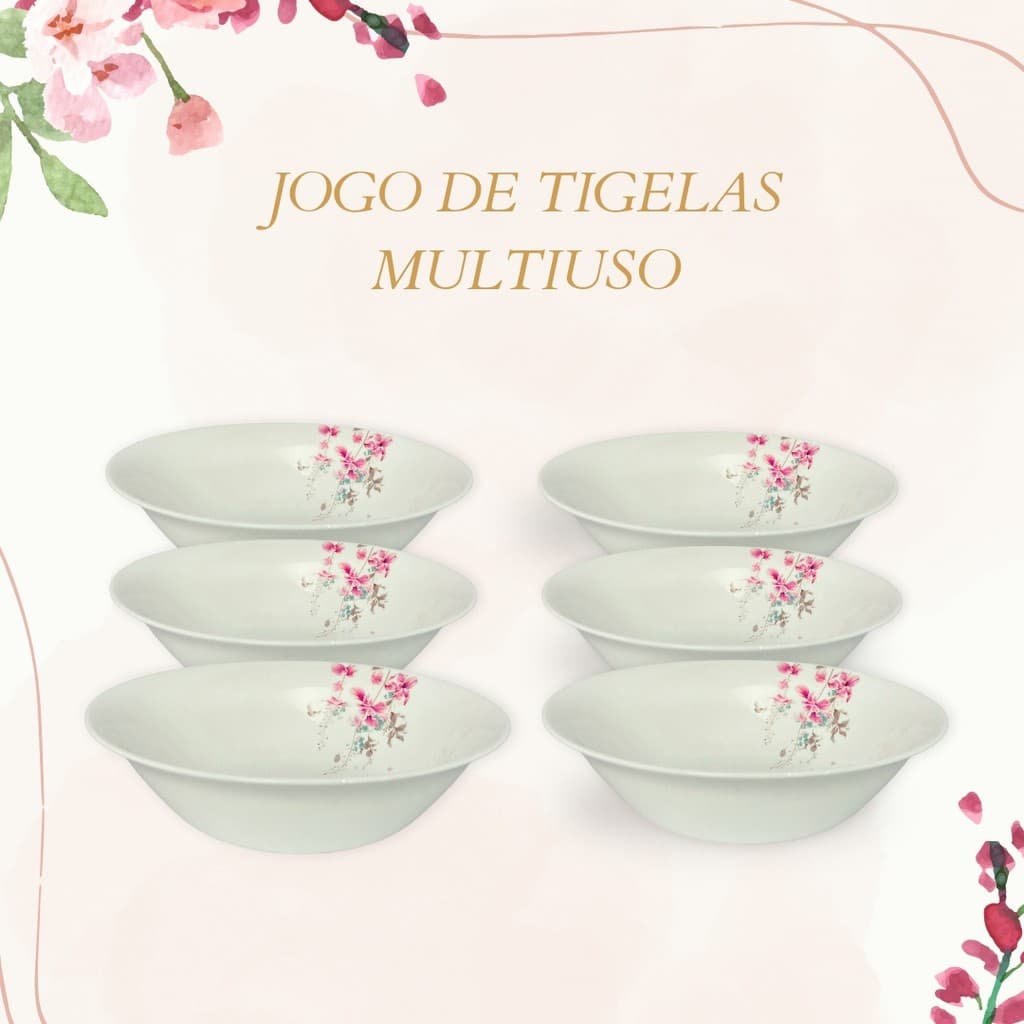 Jogo De Tigelas De Vidro 500ML Tamanho 16cm Cumbuca Saladeira Sobremesa 6 ou 12 Peças Designe Floral