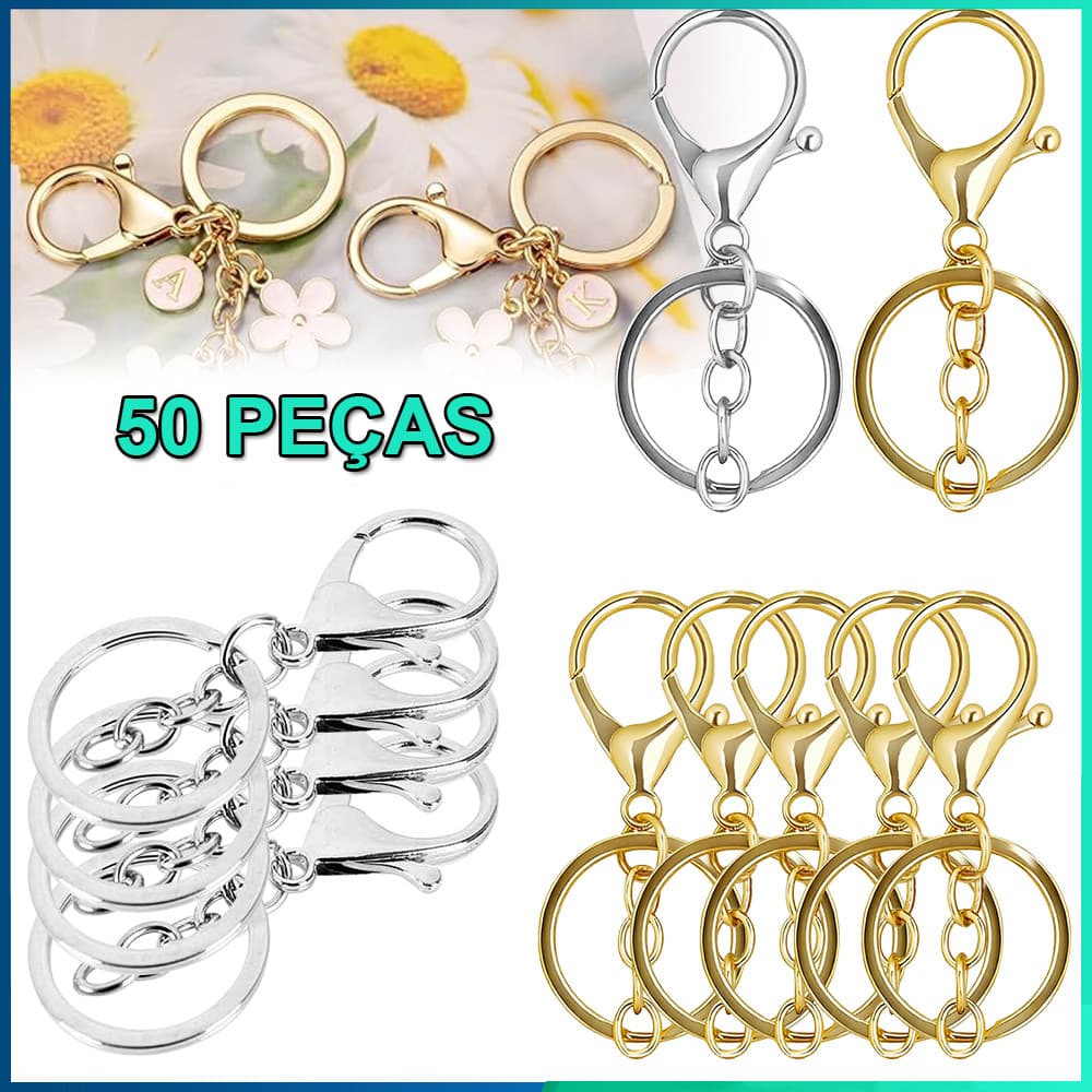 50 peças de Argola de Chaveiro 30MM com mosquetão dourado ou níquel
