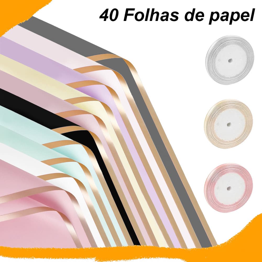 Papel de Embrulho para Flores, 40 peças, colorido borda dourada, À Prova D'água, para Buquês, 56x56 cm + 3 rolos de fita