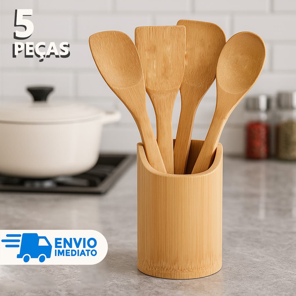 Kit 5 Utensilio de Cozinha de Bambu Colher De Pau (4 talheres + suporte) Casa Colheres Madeira