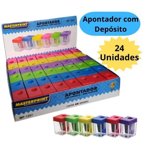 Kit 24 Apontadores Com Depósito Cores Sortidas Apontador Escolar Escritório Masterprint