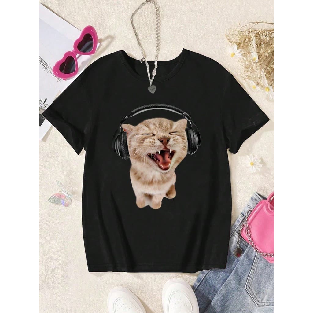 Camiseta Infantil Feminina Gatinha Fone Camiseta 100% algodão