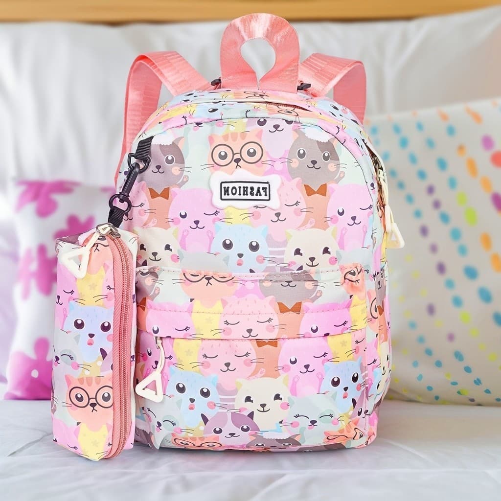Kit Mochila e Estojo Infantil Feminina Estampa de Gatinho ou Ursinho Confortável e Resistente