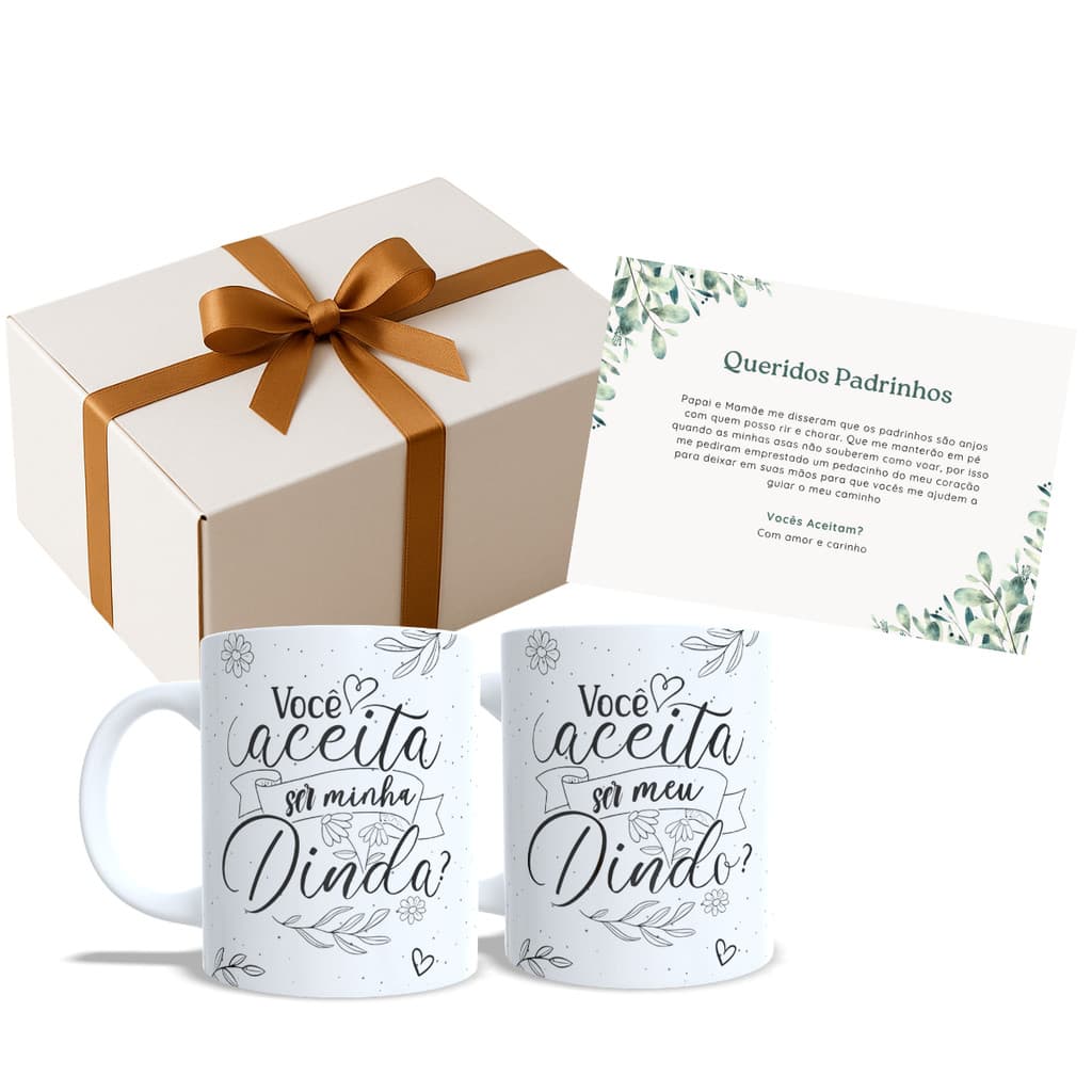 Caixa Convite Padrinhos Batismo Batizado Promovida Dinda Caneca Madrinha Presente Dindo