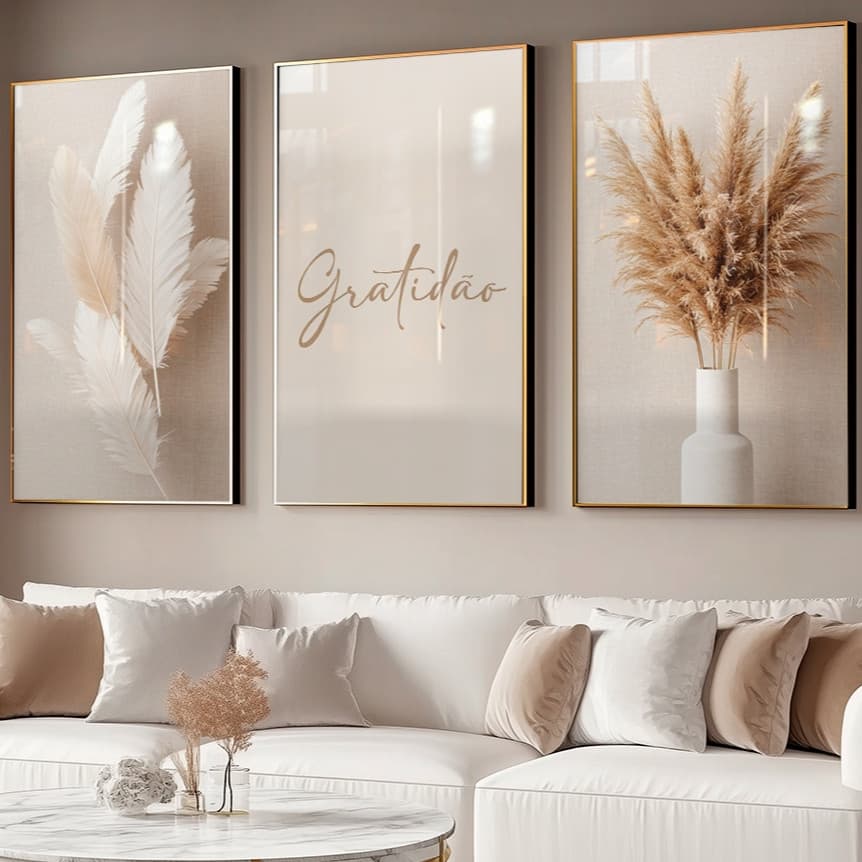 Quadro Decorativos Trio Gratidão Ramo de Trigo Prosperidade Branco Moderno para Sala Hall Escritório