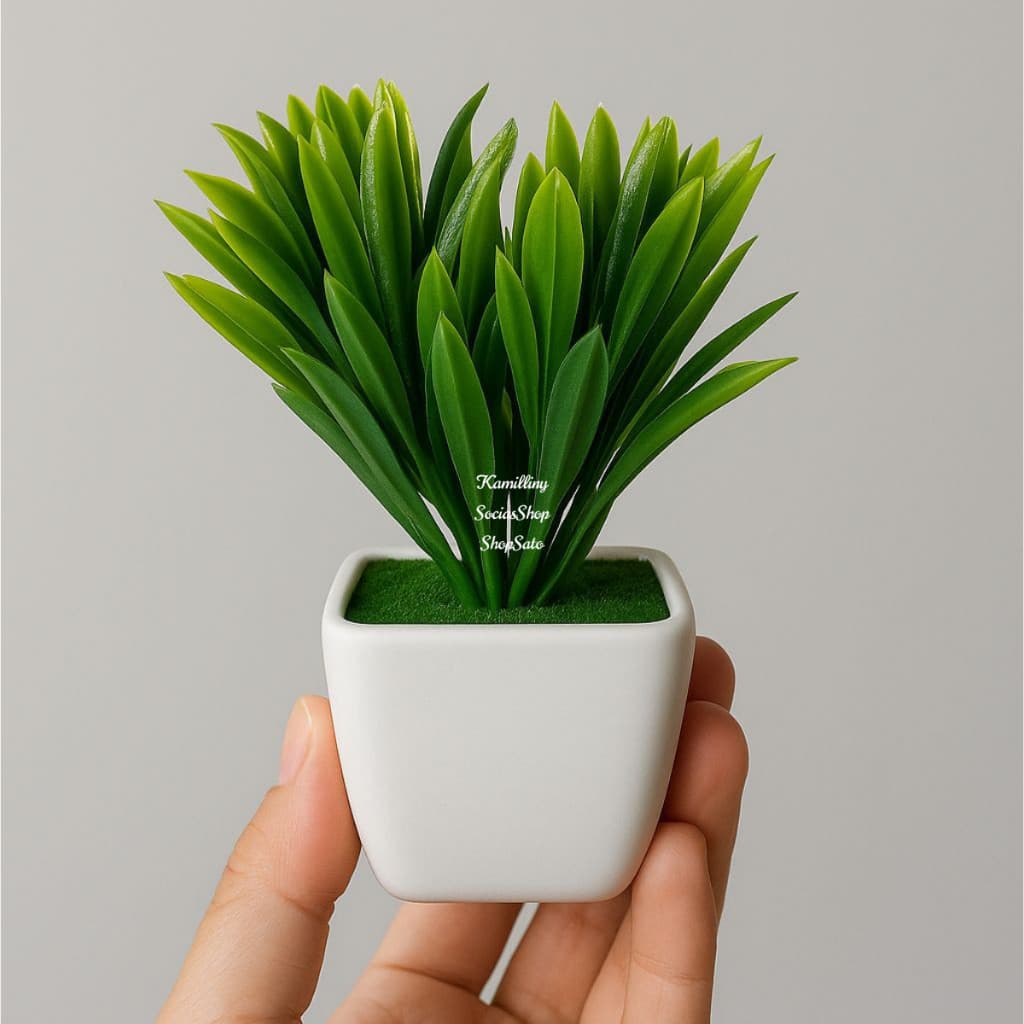 Arranjo Completo: Vaso Quadrado Com Musgo Pequeno + Ramo Pick Matinho Decorativo Folhagem Verde (1R+1V)