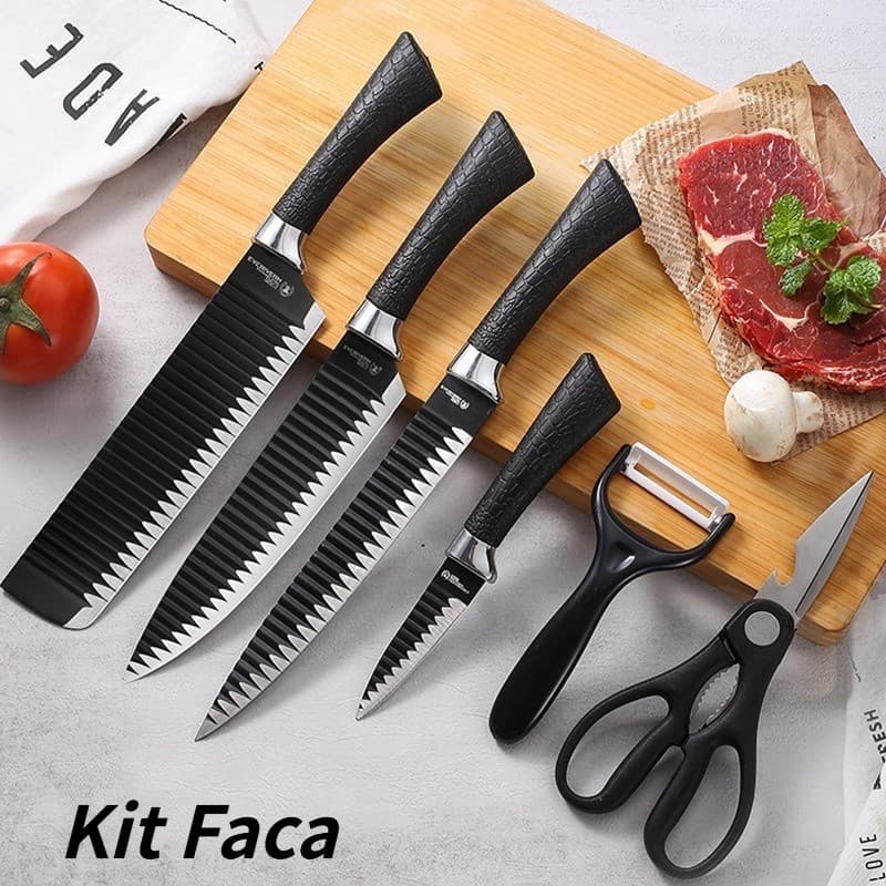 Kit 6 Peças Conjunto de Faca Carne Cutelo Legumes Aço Carbono Descascador Tesoura Corte Profissional