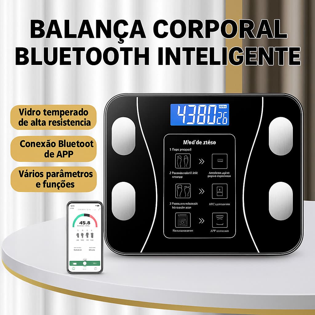 Balança Bioimpedância Corporal APP Bluetooth Suporta até 180 kg
