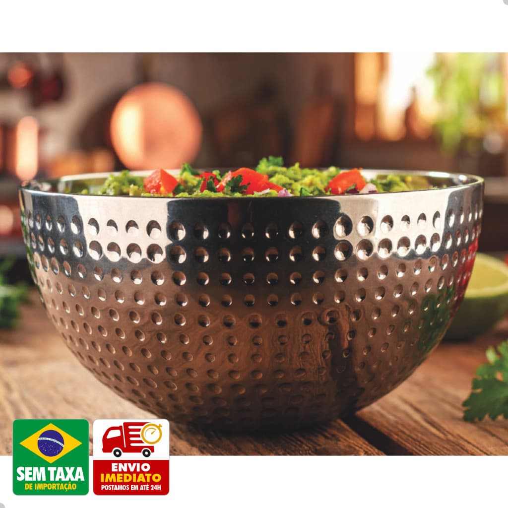 Kit Saladeira Aço Inox Martelado P M G 3,9L Dourado Prata Sofisticado Em Casa Tem