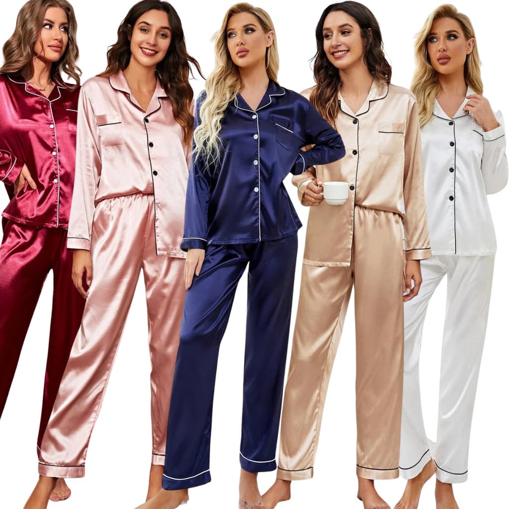 Pijama feminino Americano Cetim de Seda com Elastano Bolso e Botão Calça e Camisa Manga Longa