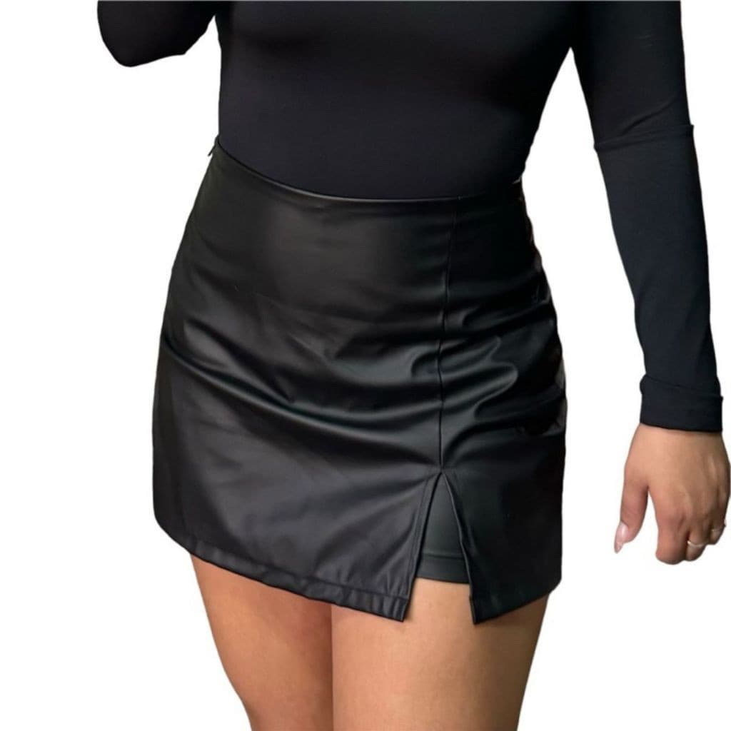 Shortinho Saia Couro Fake Feminino Curto Com Cintura Alta Ziper Lateral Luxo Inverno Verão
