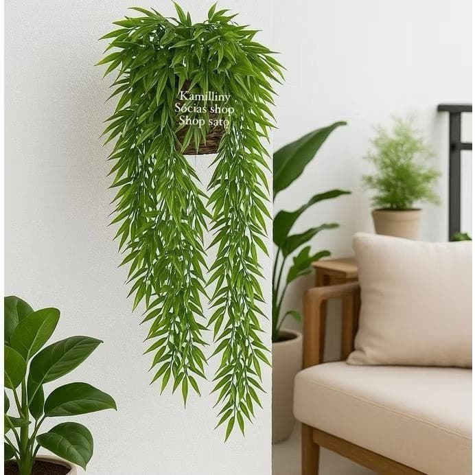 Pendente Bambu Da Sorte Com Vaso Trançado Marrom Arranjo 80cm Artificial