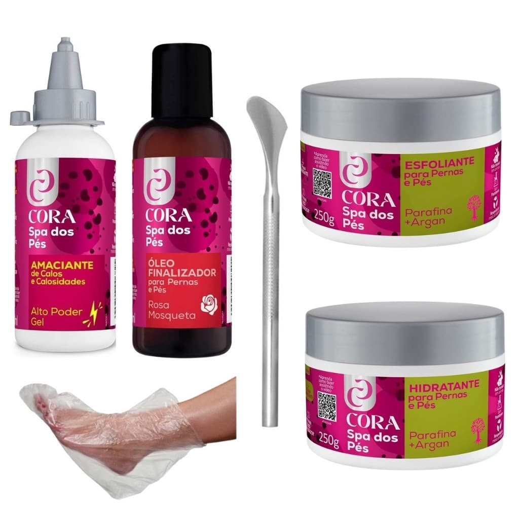 Kit Spa dos Pés Cora  Amaciante de Calos + Esfoliante + Hidratante Argan + Óleo Finalizador + Espátula + Botinhas