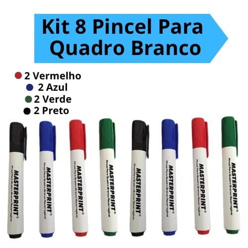 Kit 8 Pincel Quadro Branco Cores Azul Preto Vermelho Verde Recarregável Masteprint