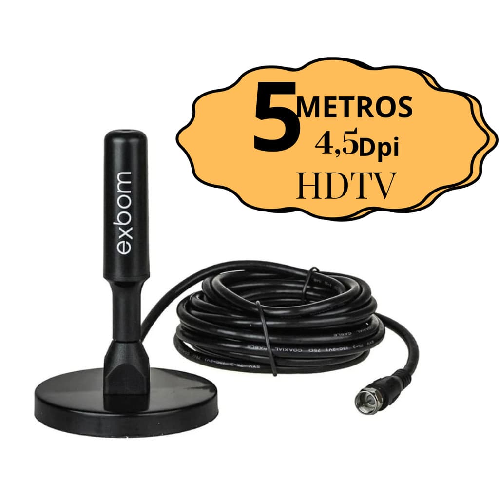 Antena Digital 5 Metros Interna Externa Conversor Digital com Base Imã  4.5 DBI HDTV/UHF/VHF  Exbom