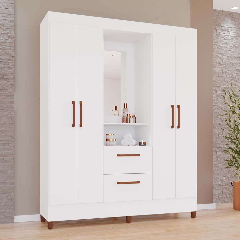 Guarda-Roupas Nápoles 100% MDF 4 Portas 2 Gavetas em Incluso Espelho e Pes/PVC