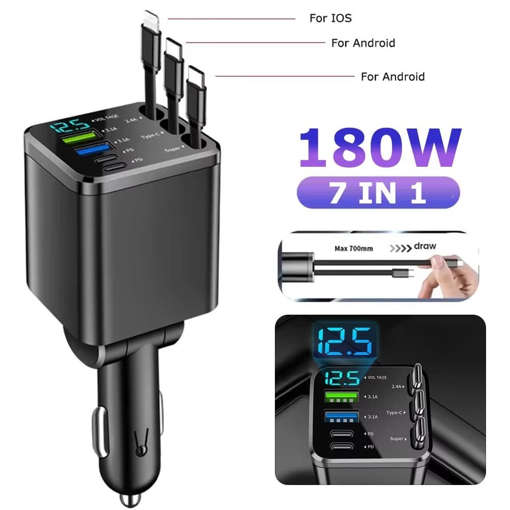 Carregador De Carro Retrátil 7 Em 1 120 W Adaptador De Alimentação USB Tipo C De Carregamento Rápido Com Cabo LED