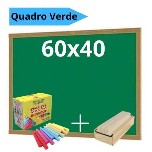 Lousa Quadro Verde Escolar 60x40 + Apagador com Depósito + 10 giz Stalo