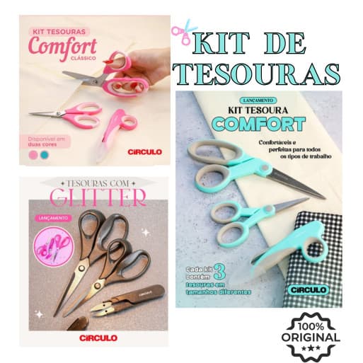 Kit 3 Tesouras Círculo: Conforto, Design Elegante E Brilho Com Modelos Comfort E Glitter. Perfeito!