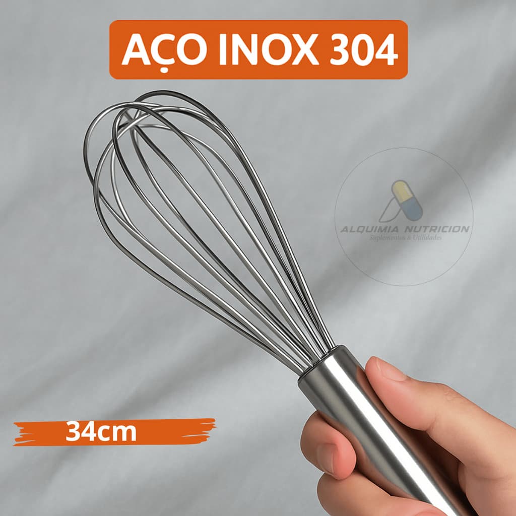 Batedor Manual de Claras Inox 34cm Profissional | Fouet Resistente Antiferrugem Cabo Ergonômico