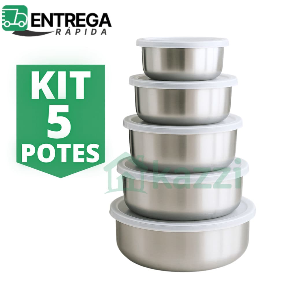 Jogo de Potes 5 Peças Inox Tigelas com Tampa Hermética 10cm ao 18cm Potes Redondo para Cozinha