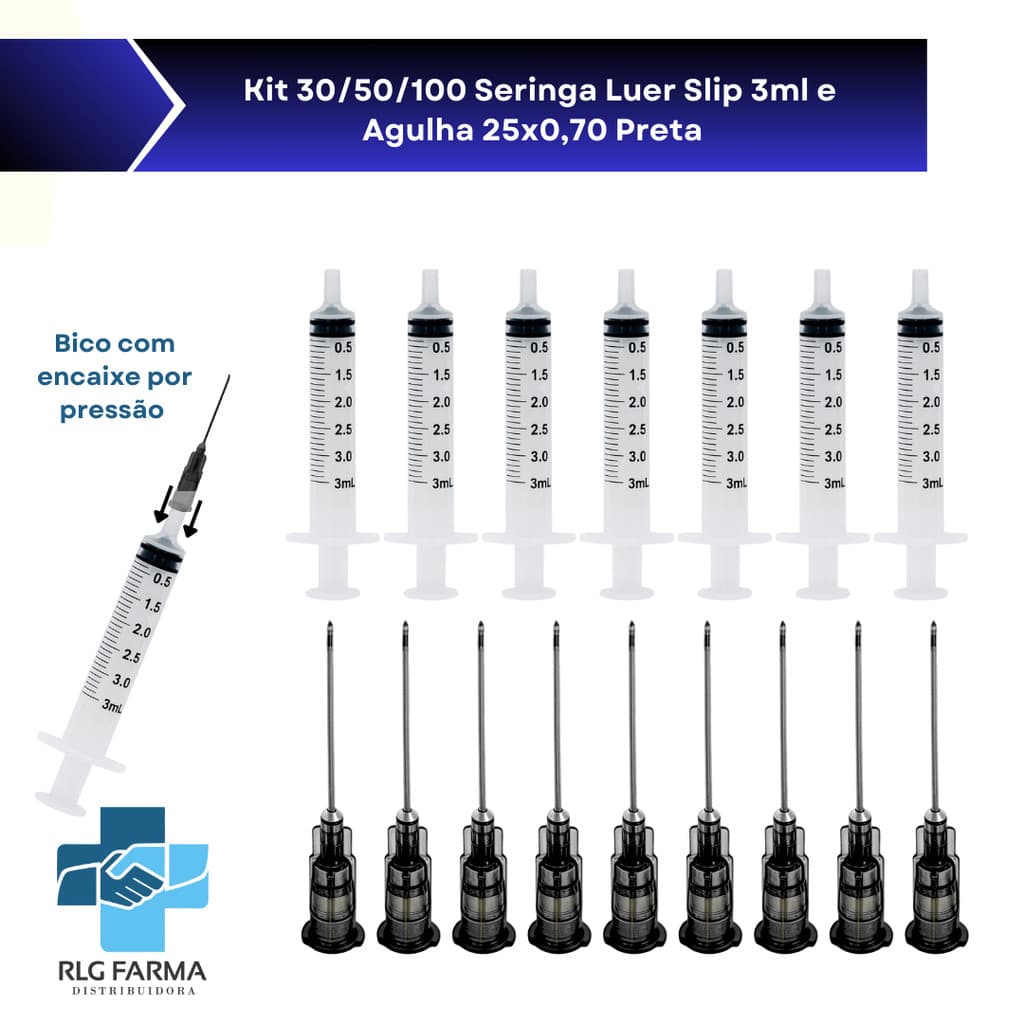 Kit Seringa e Agulha Luer Slip 3ml 25x0,70 Preta 30 50 100 Descartável Hipodérmica