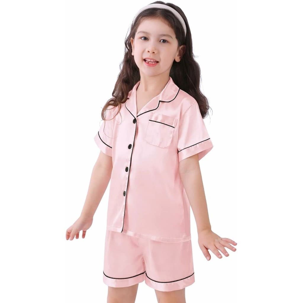 Pijama Infantil Americano Unissex Cetim com  Elastano Short e Camisa Manga Curta botões Bolso Rosa