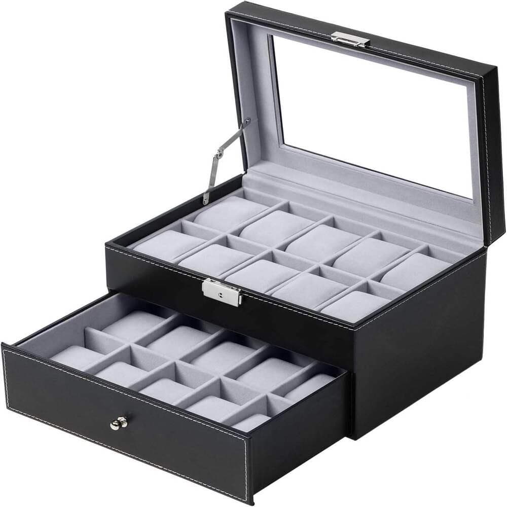 MALETA DUPLA PARA 20 RELOGIOS ESTOJO COM GAVETA CAIXA PORTA RELOGIO ORGANIZADORA 2 ANDARES EM MADEIRA E COURO COM VISOR