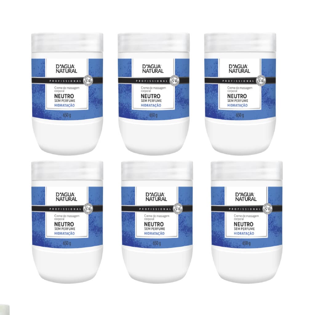 Kit D'agua Natural de Creme Neutro para Massagem - 6 Frascos de 650g