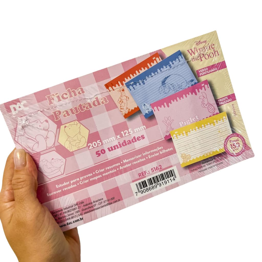Ficha Pautada e Pontilhada Coloridas Ursinho Pooh 5x8 12,5 x 20,5 cm 50 Folhas - DAC