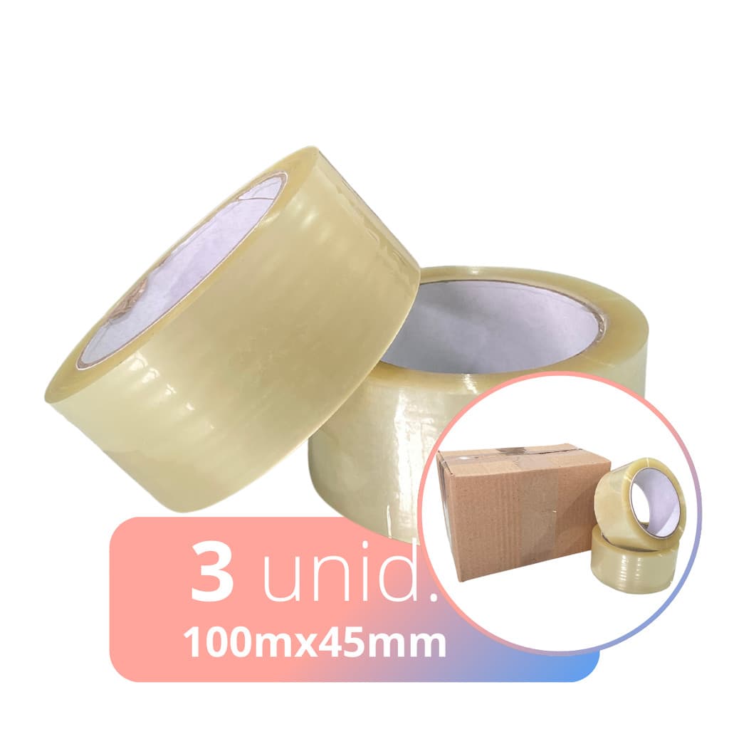 Kit 3 Rolos Fita Adesiva Larga Transparente 45mm x 100metros Durex Para Caixas Com Boa Colagem