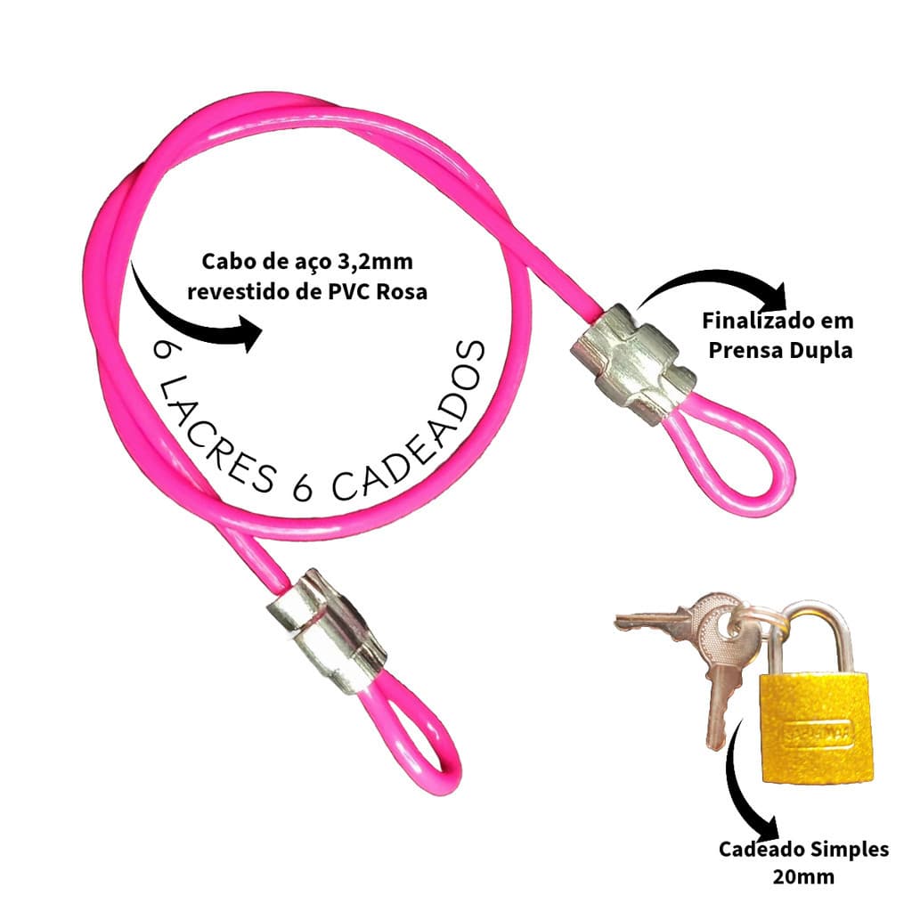 6 Cabos de Segurança 35cm Revestido PVC + 6 Cadeado 20mm bag Trava Ziper Malas Bagagens Capacete Bolsa Estrobo