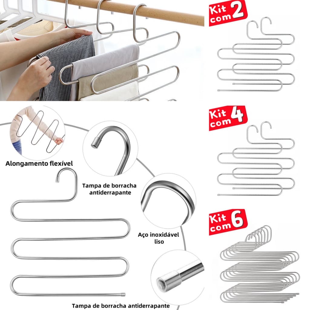 Kit Com 2/4/6/8/10 Cabides Multiuso 5 em 1 Aço Inox Guarda Roupa OrganizadorReforçado Adulto Calça Saias Camisetas