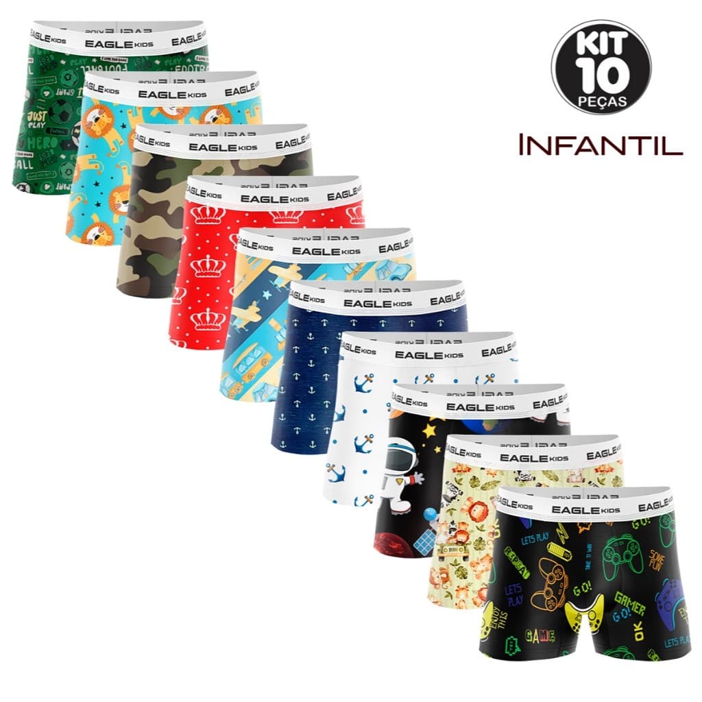 KIT ATÉ 10 CUECAS BOXERS INFANTIL